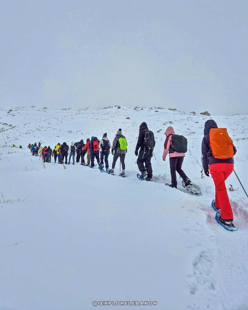 Group snowshoeing across snowy mountains in Lebanon during a winter hike adventure